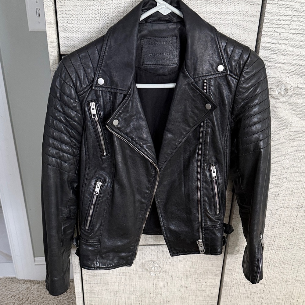 All Saints Quilted Black Leather Jacket